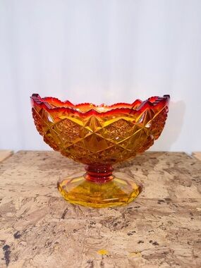 Amberina McKee Kemple Toltec Design Oval Footed Saw Tooth Edge Compote Bowl